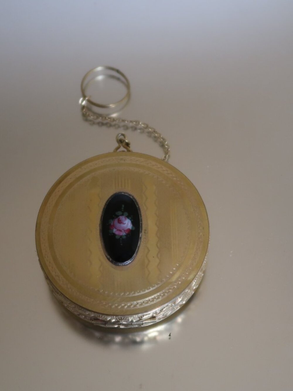 Delightful Art Deco Finger Ring Chain Compact with Enamel Rose and Lipstick